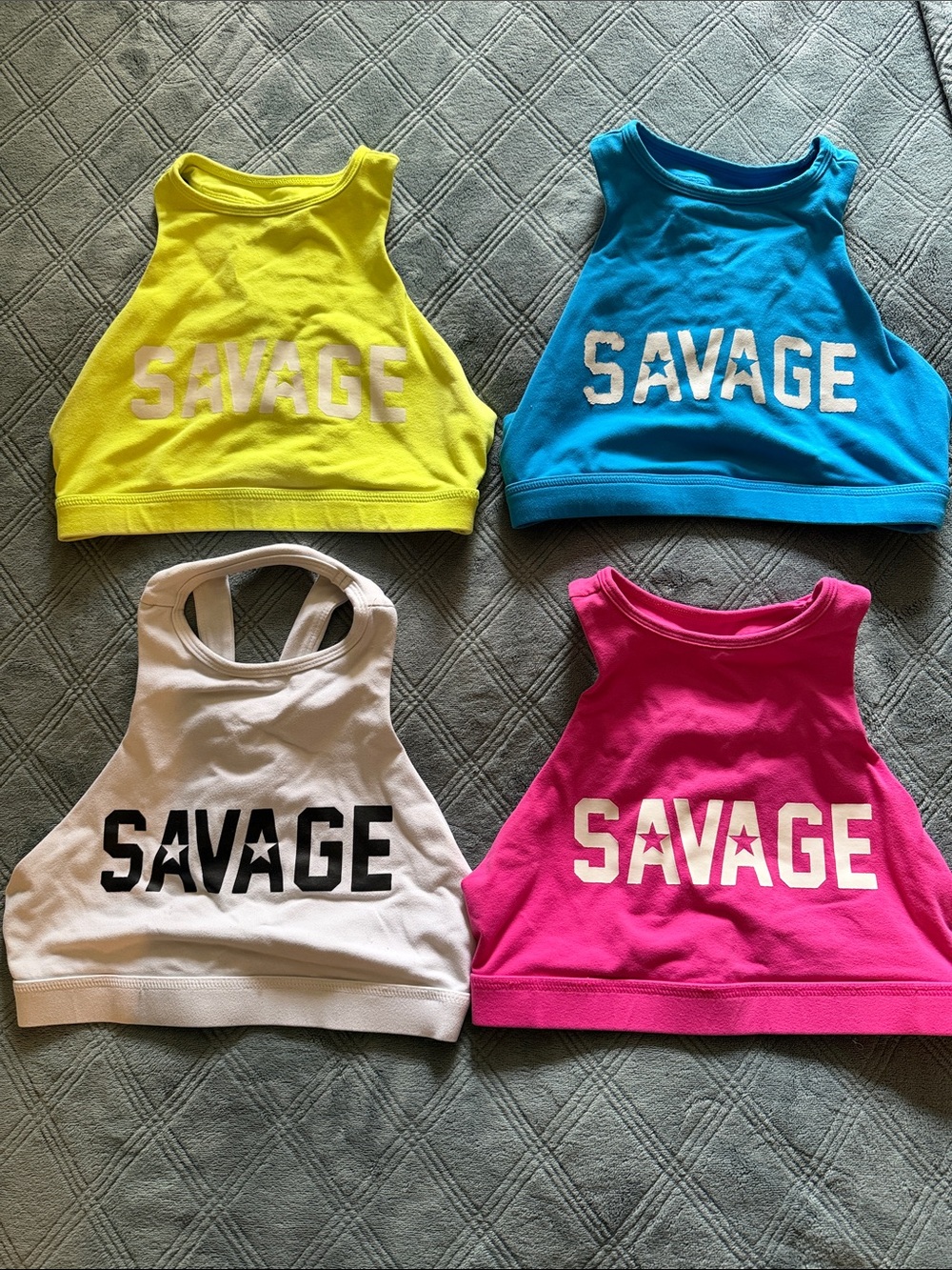 Savage Barbell Neon Yellow, Blue, White & Hot Pink Sports Bra Tops